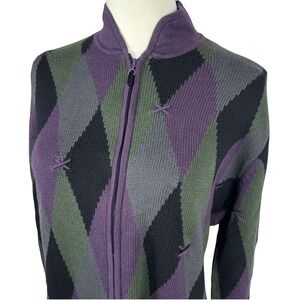 VTG Argyle Cardigan Sweater Full Zip Black Green Purple Blythe Size Small NOS